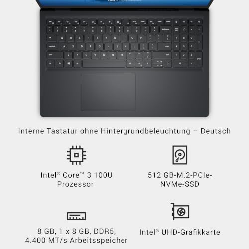 Dell 15 Laptop - Intel Core 3 100U, 8GB DDR5 RAM, 512GB SSD | 15,6" FHD entspiegelt, Intel UHD Grafik, Deutsch QWERTZ Tastatur, Windows 11 Home (Netzteil separat erhältlich)