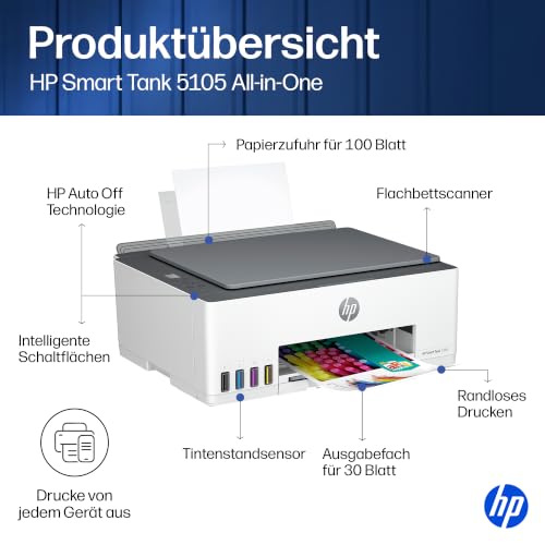 HP Smart Tank 5105 3-in-1 Multifunktionsdrucker (WLAN; Mobiles Drucken) – 3 Jahre Tinte inklusive, 3 Jahre Garantie, großer Tintentank, hohe Reichweite, Drucken in hoher Qualität