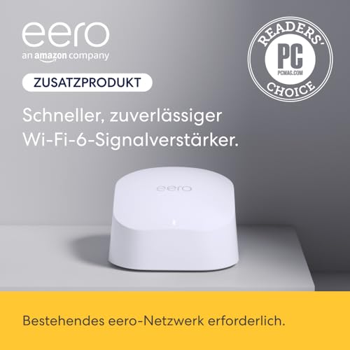 Amazon eero 6 Mesh-WLAN-Signalverstärker | Erweitert bestehendes eero-Netzwerk | Fügt bis zu 140 m² Wi-Fi-6-Abdeckung zu deinem bestehenden eero-Mesh-WLAN-Netzwerk hinzu | Einzelpack