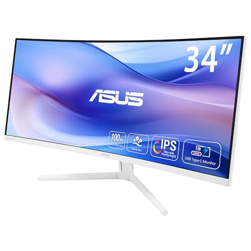 ASUS VU34WCIP-W 34 Zoll QHD 100Hz Weiß Ultrawide Eye Care Monitor, HDMI | Nano-Ion Luftionisator, Eye Care Plus, Adaptive Sync, Integrierte Lautsprecher, 1ms, 1500R Curve, HDR10, für Home Office, DP