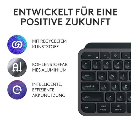 Logitech MX Keys S PLUS kabellose Tastatur uns Palm Rest Low Profile | Fluid Quiet Typing, Programmable, Backlighting, Bluetooth, USB C, Windows PC, Linux, Chrome, Mac, Deutsches QWERTZ - Grau