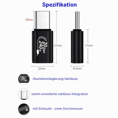 USB-C Stecker 10mm auf USB-C Buchse Adapter, 240W PD, 20Gbps, 4K Video | für iPhone 17 Air,16 Pro Max,15 Plus,iPad Pro/Air,Galaxy S26 S25 S24 S23 Ultra,Pixel 10A 9 Pro 8A 8 und mehr USB-C Geräte