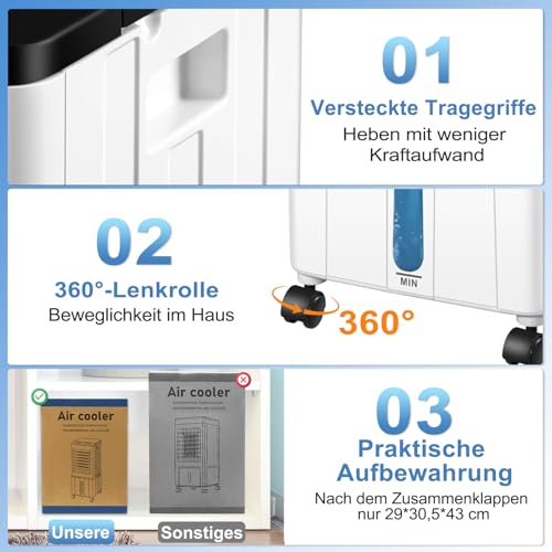Klimaanlage Mobil, 14L 60W Klimaanlage ohne Abluftschlauch mit 12H Timer, 3 Modus, 40dB, 120°Oszillation, Abnehmbare Wassertank, Fernbedienung, Leise Klimagerät Air Conditioner für Wohnung Zimmer