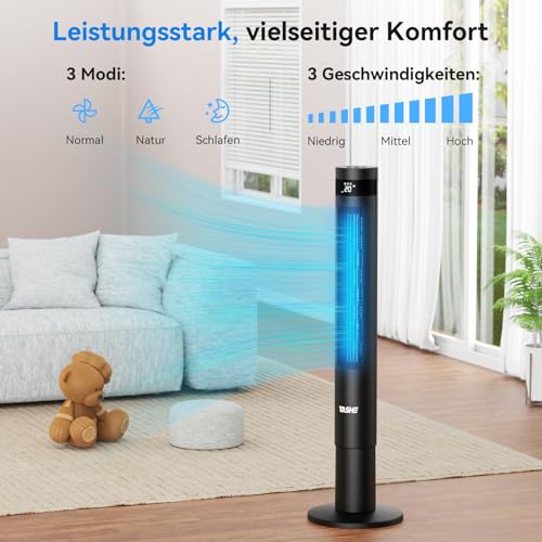 YASHE Turmventilator mit Fernbedienung, 3 Geschwindigkeitsstufen, 3 Modi, 28 dB leiser, 12-Stunden-Timer, 85°-Oszillation ohne Rotorblätter für Zuhause, Schlafzimmer und Büro