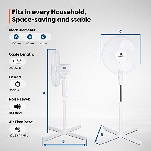 TRESKO AERSON Standventilator 40cm | Ventilator höhenverstellbar bis 120cm | Standlüfter hoher Luftdurchsatz und sehr leise | Windmaschine mit 3 Geschwindigkeitsstufen & Oszillationsfunktion ca. 80°