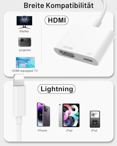 HDMI Adapter für iPhone [MFi Zertifiziert] 1080P Digital AV Bildschirm Konverter für iPhone/iPad, Plug & Play, Video & Audio Sync Kompatibel mit TV/HDTV/Monitor/Projektor kein Netzteil erforderlich