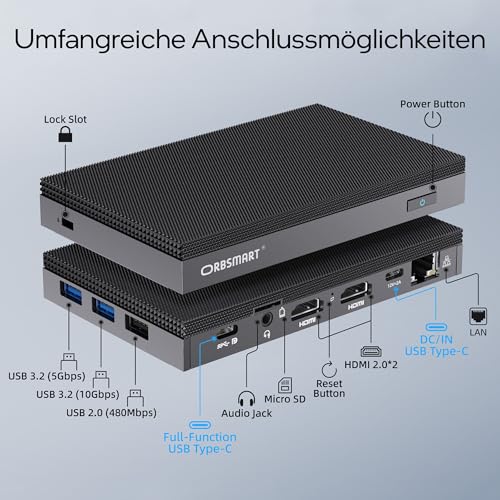 Orbsmart AW-15L Mini-PC Win11 Pro Desktop-PC | Computer | Micro-PC | lüfterlos | stromsparend (Intel N100 CPU, 8GB RAM, 256GB eMMC, USB-C, WiFi 6)
