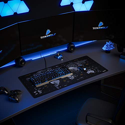 TITANWOLF - DEUTSCHES Layout - Titanwolf XXL Gaming Mauspad 900x400x3 mm - Schreibtischunterlage Gross - XXL Mousepad Gaming und Office - Weltkarte schwarz