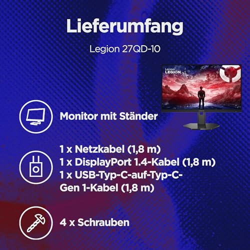 Lenovo Legion 27QD-10 | 27" QHD Gaming Monitor | 240 Hz | 0.5ms | Gaming | 2560x1440 | 2K Auflösung | HDMI 2.1 | DisplayPort | Höhenverstellbar | Entspiegelt | AMD FreeSync Premium | Schwarz
