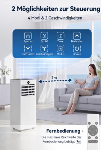 AIRFISH Mobile Klimaanlage 7000 BTU – Leise 4-in-1 Klimaanlage mit LED-Display, Fernbedienung & Rollen | Kühlen, Entfeuchten, Ventilator & Sleep-Modus | Fensterkit inklusive | Für Räume bis 20 m²