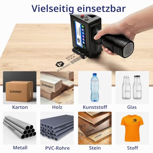 Eurannit Tragbarer Handdrucker E15-1,25.4mm Hand Tintenstrahldrucker mit 1" ER521 Schnell Trocknende Tinte für Text Barcode Datum Logo Chargennummer Druck auf Karton Stoff Holz Kunststoff Metall Glas