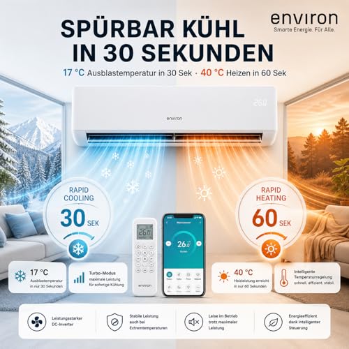 ENVIRON® Split Klimaanlage A+++ | - WiFi/App Funktion | 19 dB – leiser als Ihr eigener Atem | vergoldeter Verdampfer und Kondensator (Mit Wandhalterung, 12.000 BTU (3,5 kW))