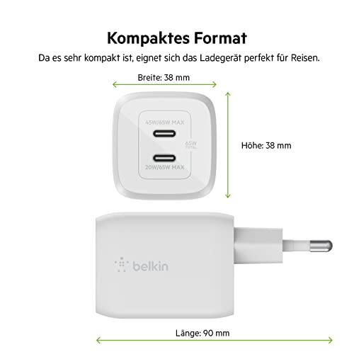 Belkin 65-W-USB-C-Ladegerät mit 2 Ports, Schnellladen mit Power Delivery 3.0 und GaN-Technologie für MacBook Pro, iPhone 17, iPhone Air, iPad, Galaxy S25, Pixel 10, Laptop, usw - Weiß