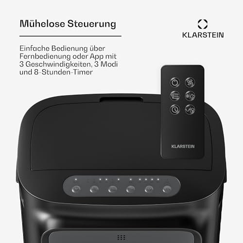 Klarstein Verdunstungskühler, 10L Wassertank, 340 m³/h, App & Fernbedienung, Timer, Nachtmodus, mobiler Luftkühler mit Wasserkühlung für Räume bis 30 m², Schwarz