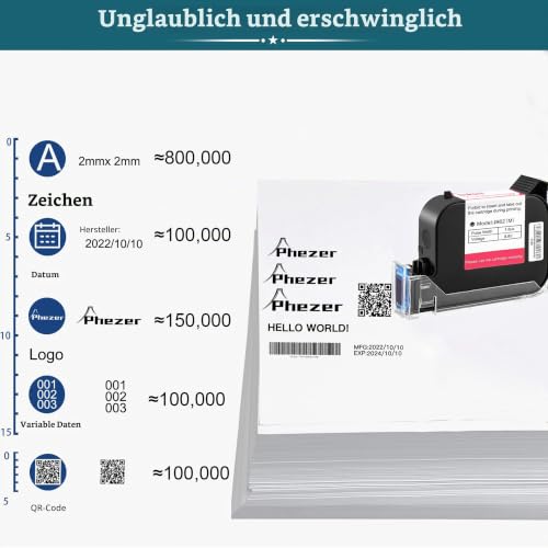 Phezer 0,5 Zoll P15 mobiler Handdrucker mit JS62 Quick-Dry Tinte, tragbarer Tintenstrahldrucker für QR-Code Barcode Datum MHD Chargennummer Logo und Seriennummer auf Karton, Kunststoff, Holz, Glas