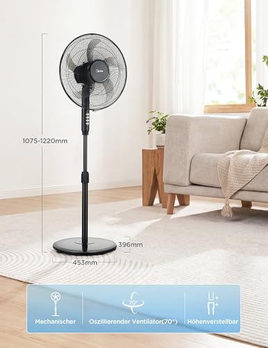 Midea FS40-25JA Standventilator, 5-Fluegel, 40W, Hoeheverstellbar | 108-122cm, Tastensteuerung, Leiser Betrieb, Energiesparend, Schwarz