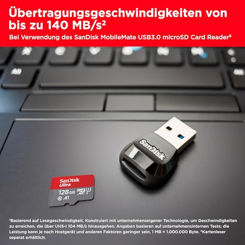 SANDISK Ultra microSDXC Karte 128GB + Adapter, bis zu 140MB/s Lesen | UHS-I, Full HD, C10, U1, A1, Ideal für Android Smartphones, Tablets und MIL- Kameras - SDSQUA4-032G-GN6MT