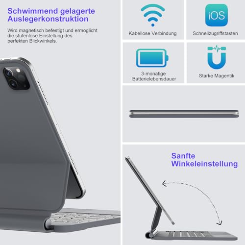 SENGBIRCH Magic Tastatur mit hülle für iPad Air 11" (M4 2026/M3 2025/M2 2024) - Deutsches QWERTZ Layout Hintergrundbeleuchtung Multi-Trackpad Keyboard für iPad Pro 11 Zoll 4./3./2./1, Schwarz