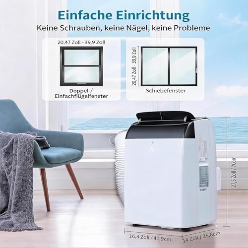 Thaookte Mobile Klimaanlage Mit Fernbedienung, 3-in-1 Klimaanlage Mit Abluftschlauch: Kühlung/Ventilator/Entfeuchter, Mobil Klimagerät Leise 10000 BTU, 24h-Timer, Für Räume Bis 51㎡-Weiß