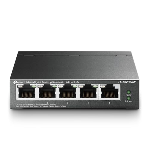 TP-Link TL-SG1005P 5-Port Gigabit LAN PoE Switch mit 4 PoE+ Ports (65 Watt, IEEE-802.3af/at, Plug-and-Play, Robustes Metallgehäuse)