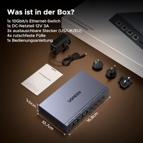 UGREEN LAN Switch mit 4X 10G RJ45+4X 10G SFP+, 10G Netzwerk Switch | Unmanaged Ethernet Switch, Plug & Play, intelligenter Lüfter, Metallgehäuse, 160Gbps Switching-Kapazität, für NAS, 8K-Video