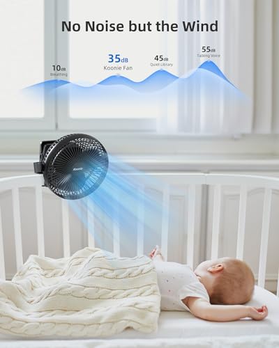 Koonie USB Clip Ventilator 10000mAh, 20cm Tragbar Wiederaufladbar, Schwarz | 4 Geschwindigkeiten, 360° Drehung, wiederaufladbar, leise, starker Luftstrom, für Zuhause, Büro, Kinderwagen, Camping