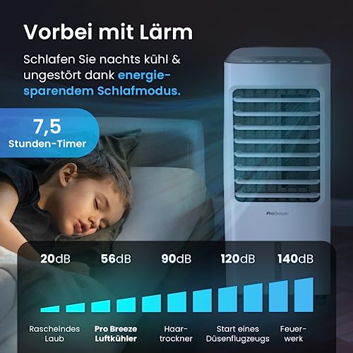 Pro Breeze 5L Mobiler Luftkühler, 4-in-1 mit 3 Stufen, LED Anzeige und Fernbedienung, Mobiler Verdunstungskühler ohne Abluftschlauch mit Wasserkühlung, Ventilator, Luftbefeuchter und Nachtmodus, Weiß