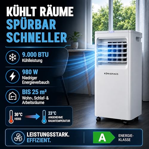 Könighaus Smarte EU Mobile Klimaanlage 9000 BTU – für deutsche Kippfenster geeignet - Kühlung, Entfeuchtung, Ventilator und Luftreinigung – energieeffizient (A) – inkl. Fernbedienung und App