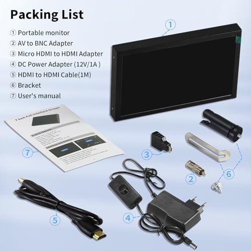 Aurevita 7 Zoll Mini Monitor HDMI, tragbarer VGA-Monitor mit AV BNC 1024×600 LCD-Bildschirm mit eingebauten Lautsprechern, 178° Blickwinkel IPS, Multifunktions-Mini-Display für Raspberry Pi PC/TV/DVD