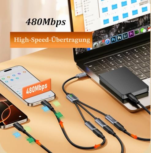 USB C Splitter 1 in 3 Out, USB C Verteiler Mehrfach, USB C Adapter Kabel
