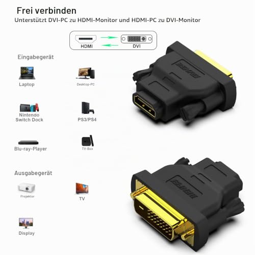 BENFEI DVI-D DVI zu HDMI Adapter, DVI zu HDMI Bidirektionaler Stecker zu Buchse, Konverter mit vergoldetem Kabel, 2er Packung