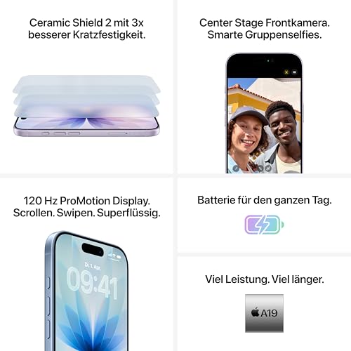Apple iPhone 17 256 GB: 6,3" Display mit ProMotion, A19 Chip, Center Stage Frontkamera für Smarte Gruppenselfies, Verbesserte Kratzfestigkeit, Batterie für den ganzen Tag; Nebelblau