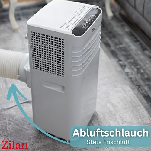 Zilan Mobile Klimaanlage 9000 BTU 3-in-1 Mobiles Klimagerät mit Abluftschlauch & Fensterkit – Kühlen, Entfeuchten & Ventilator, für Räume bis 50 m², 24h Timer, Schlafmodus, LED Display, Fernbedienung