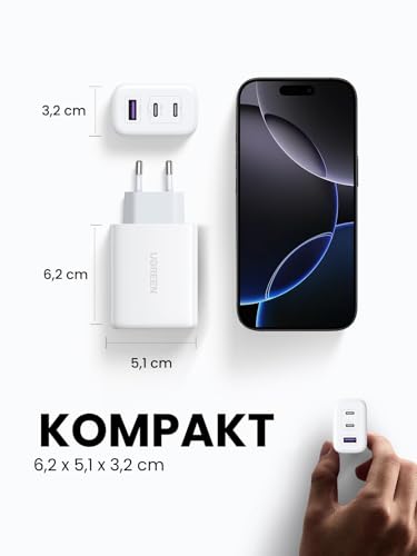 UGREEN USB C Ladegerät 65W, 3-Port kompaktes Netzteil, PPS Schnellladegerät | Laptop Charger, tragbar für unterwegs, kompatibel mit MacBook Pro/Air/Neo, iPad, iPhone 17, Galaxy S26 Ultra, Pixel