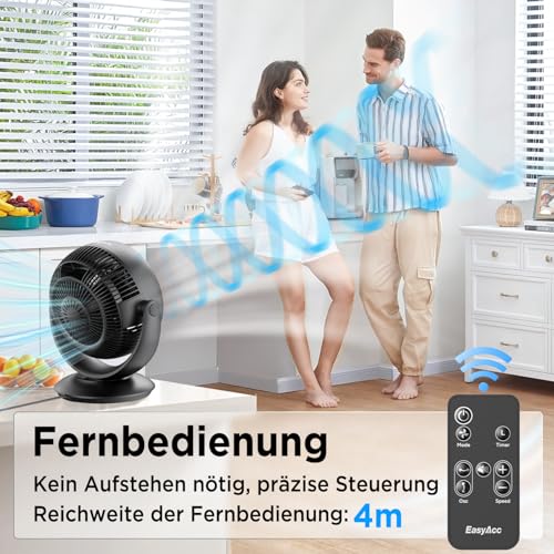 EasyAcc Ventilator Leise, 25dB Tischventilator sehr Leise, Umwälzventilator 90° Auto-Oszillation Horizontal und Vertikal 3D Turbo mit Fernbedienung, 3 Geschwindigkeiten, 2-12H Timer für Schlafzimmer