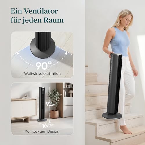Levoit 20dB leiser oszillierender Kühl Turmventilator mit Schlafmodus | 4 Modi, 5 Stufen, 90° Oszillation, Timer und Fernbedienung, besonders leise Ventilator für Schlafen und Wohnen