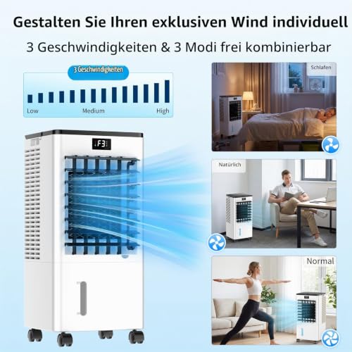 Mobile Klimaanlage, Luftkühler mit 3 Modi (Normal/Natur/Schlaf), 12H Timer, Tragbare Klimaanlage mit Display, 4 Eispacks, 60W Verdunstungsluftkühler ohne Abwasseranschluss für Zuhause Büro