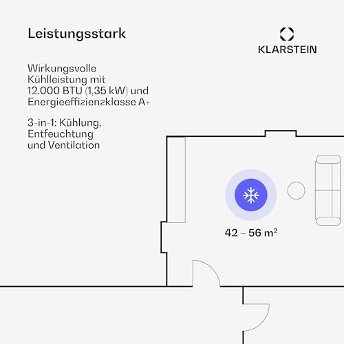 Klarstein Mobile Klimaanlage mit Abluftschlauch, 3-in-1 Klimagerät mit Ventilator, Luftentfeuchter & Nachtmodus, Kleine & Portable Klimaanlage für Wohnung & Büro, Niedriger Verbrauch, 12000 BTU