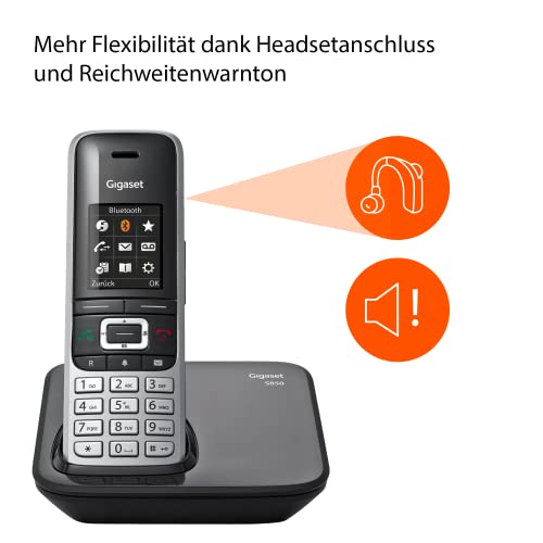 Gigaset S850 - Schnurloses Telefon ohne Anrufbeantworter - extragroßes Adressbuch - Headsetanschluss & Reichweitenwarnton - Freisprechfunktion - optisches Signal für entgangene Anrufe, platin-schwarz