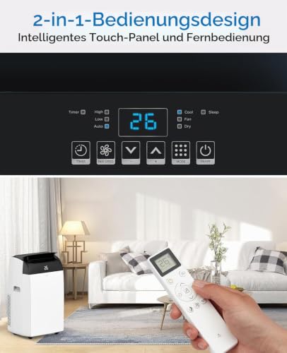 Tragbare 3-in-1-Klimaanlage mit 10000 BTU – mit Fernbedienung, Ventilator, Luftentfeuchter, leisem Betrieb und Rollen; geeignet für Schlafzimmer, Wohnzimmer und Büros.