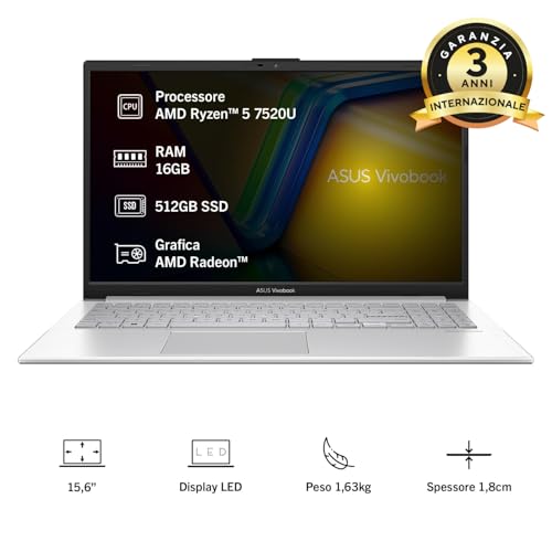 ASUS Vivobook Go 15 E1504FA#B0F2HXM5K3, Notebook mit Monitor 15,6 Zoll Anti-Glare, 60 Hz, AMD Ryzen™ 5 7520U, 16 GB RAM, 512 GB SSD, Windows 11 Home, Silber