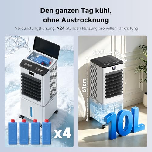 Klimaanlage Mobil 10L, 60W Klimagerät ohne Abluftschlauch 4-in-1, Klimaanlage mit 12H Timer, 4 Modus, 120°Oszillation, Abnehmbare Wassertank, Klimageräte Tragbarer Luftkühler für Wohnung Zimmer Räume