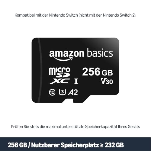 Amazon Basics microSDXC-Speicherkarte mit Adapter in voller Größe, A2, U3, Lesegeschwindigkeit bis zu 100 MB/s, 256 GB, Schwarz