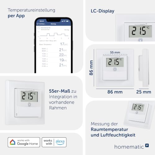 Homematic IP Temperatur- und Luftfeuchtigkeitssensor mit Display – innen | Smart Home, steuert Heizkörper/Fußbodenheizung per App, Alexa, Google Home, Temperaturmessung, Energie sparen, 150180A0