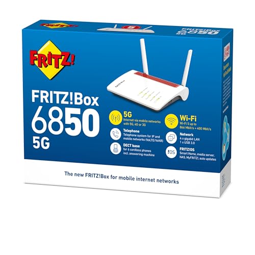 Fritz! Box 6850 5G | 5G Router | Wi-Fi 5 up to 1.2 Gbps | Dual-Band Wi-Fi (2.4 + 5 GHz), Internet via SIM, Telephone Control Unit and Hub for Smart Home, Wi-Fi Mesh, Made in Europe