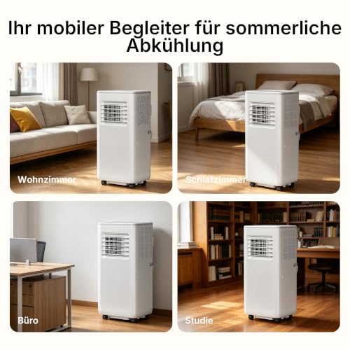 HEALLUX Mobile Klimaanlage 9000 BTU 2,6 kW, tragbares Klimagerät mit Fernbedienung & Abluftschlauch, 4-in-1: Kühlen, Lüften, Entfeuchten, Timer 24h, für Räume bis 40 m², Weiß