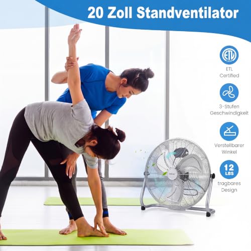 GYMAX Bodenventilator 57 cm, 160W Windmaschine mit 145° verstellbaren Ventilatorkopf, 3 Geschwindigkeitsstufen & schwerer Fuß, starker Luftstrom 11460 m³/h, Ventilator für Zuhause & Büro