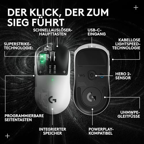 Logitech G PRO X2 SUPERSTRIKE LIGHTSPEED kabellose Gaming-Maus | Super schnell, äußerst leicht (61 g), anpassbare Klick-Haptik, USB-C-Aufladung, für PC/Mac/Laptop - Weiß