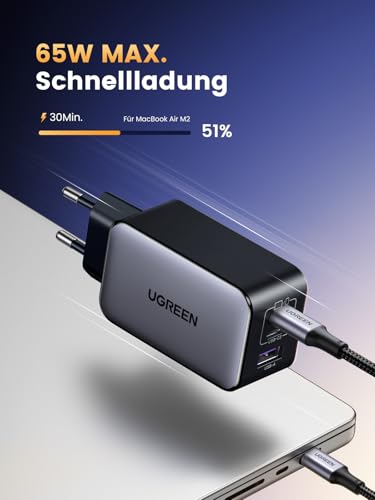 UGREEN Nexode 65W USB C Ladegerät, 3-Port, GaN Netzteil, PPS Charger 60W