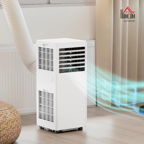 HOMCOM Mobiles Klimagerät mit Abluftschlauch 9000 BTU 1010W, 4-in-1 | Kühlen, Ventilieren, 36L/Tag Entfeuchten, Schlafmodus, 24h-Timer, Fernbedienung, Fensterkit, für Räume bis 30㎡